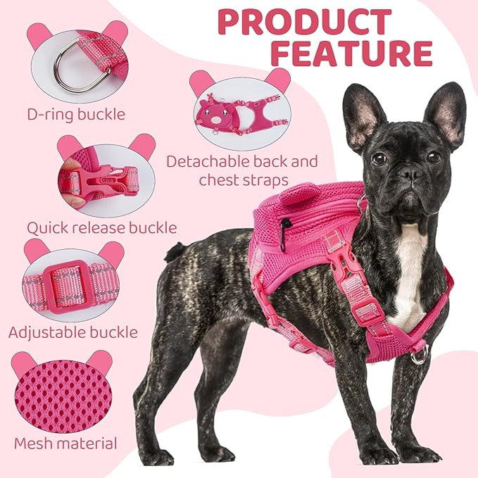 Dog Harness with Backpack, Adjustable Dog Backpack Harness for Small Medium Dogs, No-Pull Breathable Backpacks for Dogs to Wear, for Traveling, Hiking, Camping, Training, Pink S