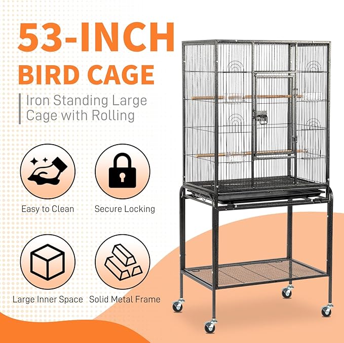Outvita Bird Cage, 53" Large Metal Flight Bird Cage with Rolling Stand & Storage Shelf for Parrots Lovebird Cockatiel Parakeets Pigeon(Black)