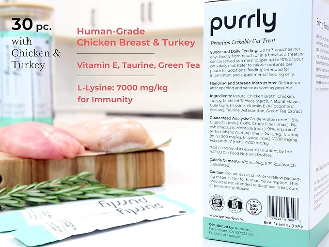 Purrly Interactive Lickable Cat Treats Low Calorie Human-Grade Chicken Breast & Turkey with L-Lysine & Astaxanthin for Immunity (30 Count) Non-Seafood Hydrating BPA-Free for All Ages
