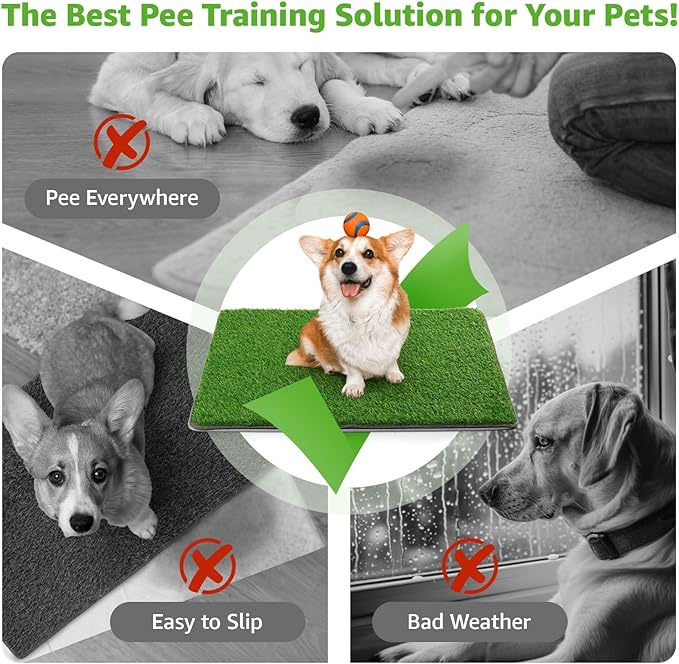 Dog Grass Mat with Pee Pad, Small Dog Litter Box Indoor Artificial Turf Grass Puppy Potty Training Pads Doggies Washable Reusable Pads Leakproof Pee on Outdoor Patio Balcony Apartment(18x30'')