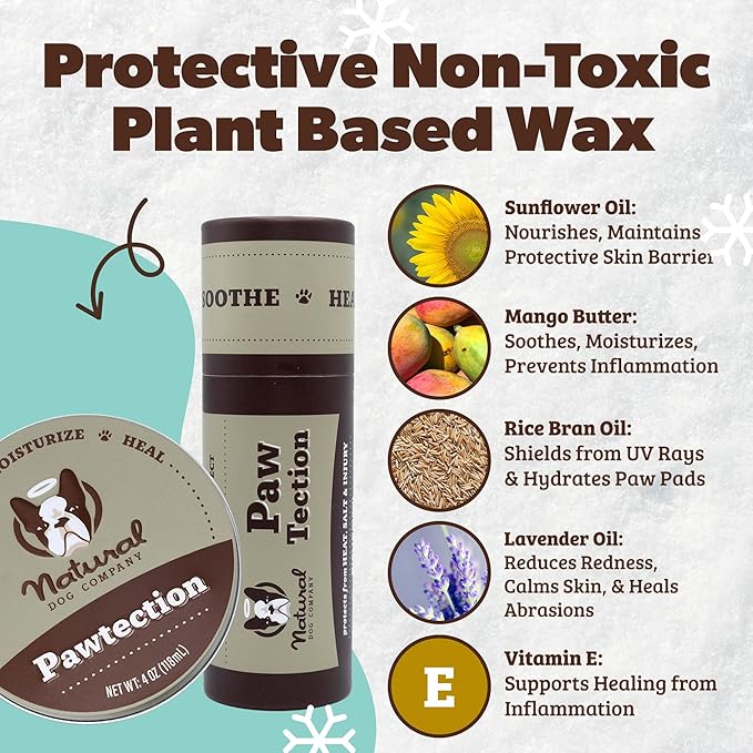 Natural Dog Company PawTection Balm for Dogs – Winter Paw Protection from Snow, Ice & Salt, Wax-Based Paw Barrier Balm, All Breeds for Cold Weather Walks & Outdoor Adventures, Lick-Safe, 2 oz Tin