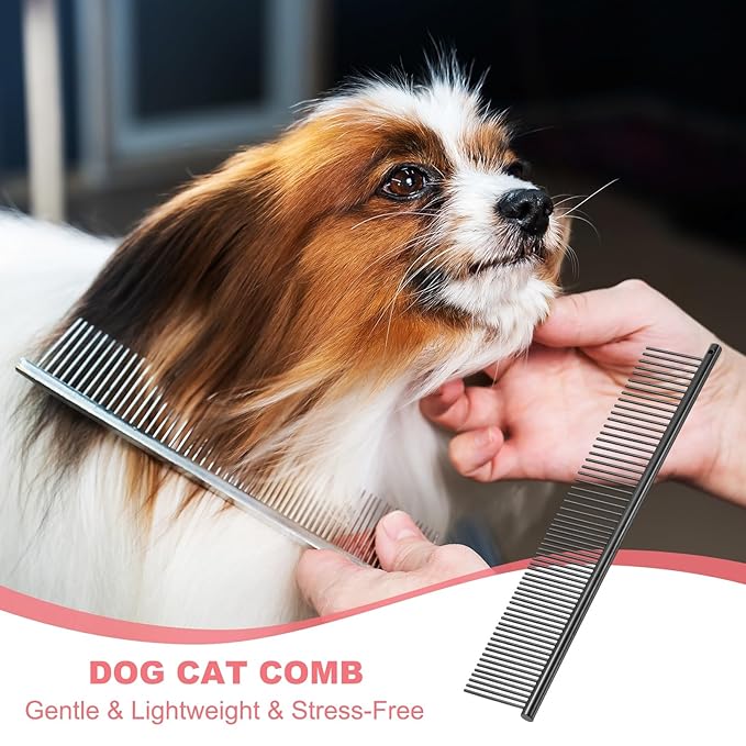 Dog Cat Comb, Pet Combs Stainless Steel Teeth with Rounded Ends for Knots Mats Loose Hair Removal, 6.5/7.5IN (Black Plated, 2 Pack), Grooming Tool Intended for Long Curly Hair Pet