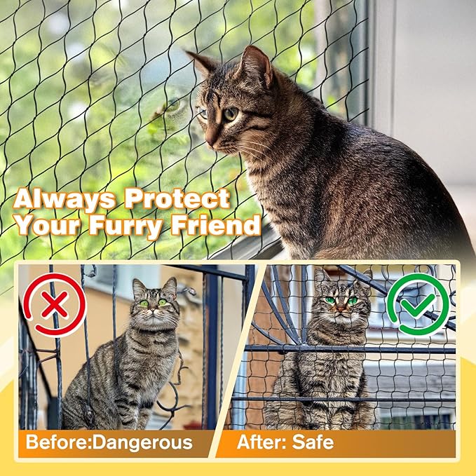 Steel Reinforced Cat Netting for Balcony Anti-Fall Fence Safety Net, Extra Strong Cat Net for Catio Safety Cat Balcony Netting for Pets Cat Proof Screen Pet Net Cat Balcony Protection Barrier10FTx20FT