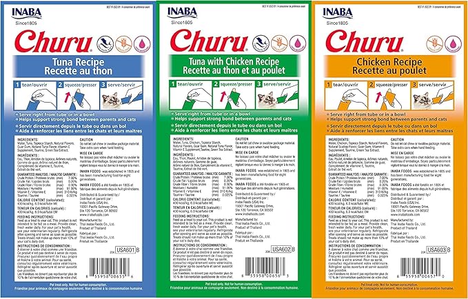 Churu Lickable Creamy Purée Cat Treats 3 Flavor Variety Pack of 24 Tubes