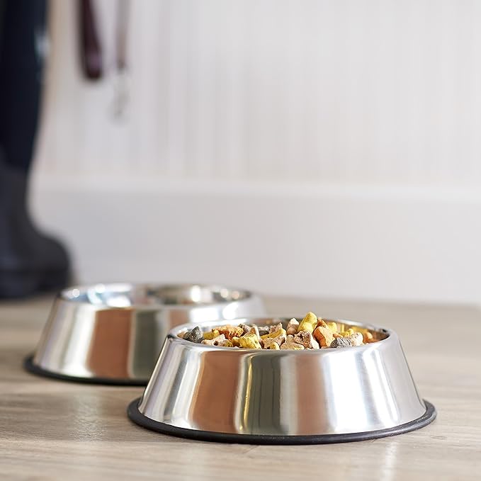 Amazon Basics Stainless Steel Non-Skid Pet Dog Water And Food Bowl, 2-Pack (10 x 2.8 Inches), Each Holds Up to 38oz