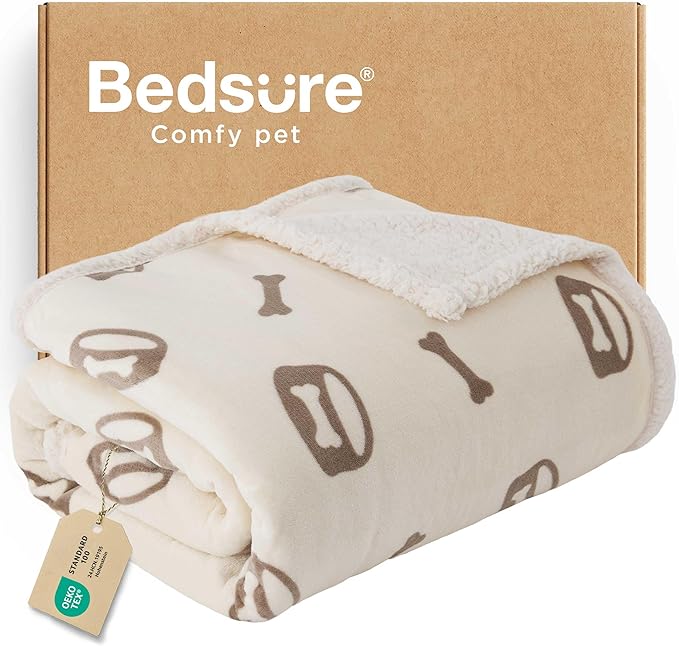 Bedsure Waterproof Dog Blankets for Large Dogs - Soft Print Sherpa Fleece Pet Cat Blanket Washable for Couch Bed Protection, Cozy Plush Reversible Throw Furniture Protector, 50"x60", Beige