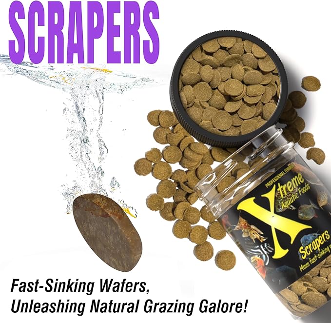 Xtreme Scrapers Wafers - Premium 14mm Fast-Sinking Fish Food – Nutrient & Cellulose Rich Ideal for Nocturnal Feeders, Catfish, Plecostomus Species, and Loaches – USA Farm Grown (2oz)