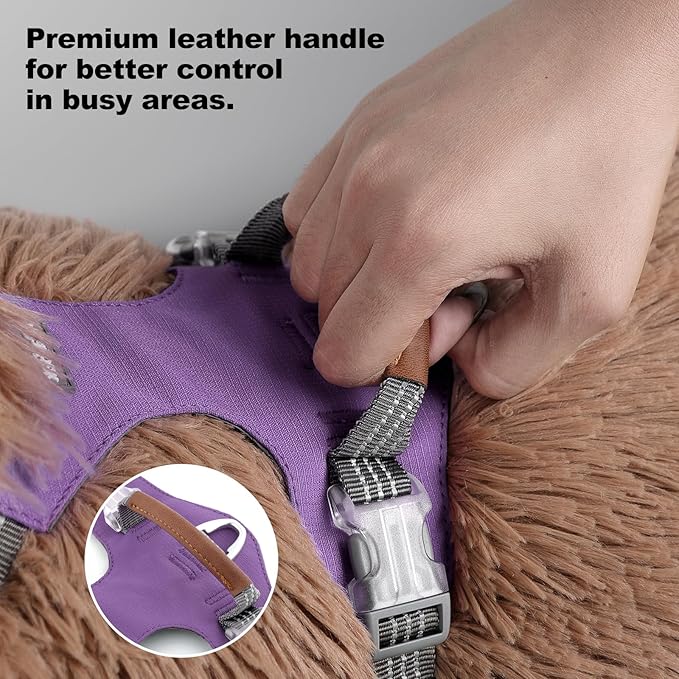 No Pull Dog Harness – Adjustable Reflective Nylon Vest for Small Medium Large Dogs, Escape Proof Training Harness with Leather Control Handle, Lightweight Aluminum Hardware (Purple, S)
