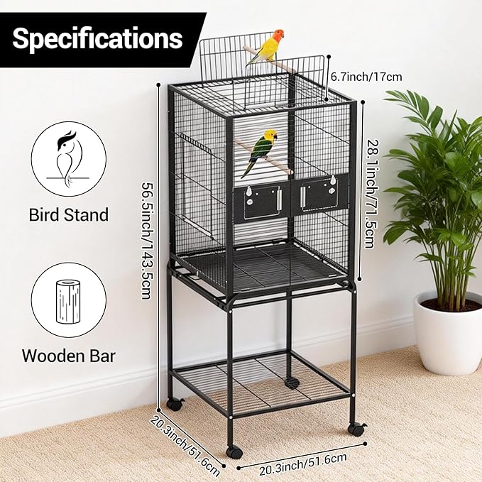 63 Inch Bird Cage with Wooden Perches, Standing Wrought Iron Birdcage Large Parrot Flight Bird Cage with Rolling Stand Birdcages for Cockatiels African Grey Quaker Lovebird Canary Budgie Finch Black