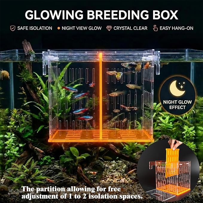 Large Acrylic Breeder Box for Aquarium & Fish Tank, Isolation Breeding Box with Extendable Handle Net - Acclimation Hatchery for Baby Fish, Shrimp, Betta, Guppy (9.45x5.71x8.27 in, Orange)