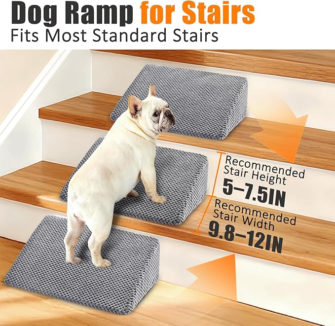 Dog Ramp for Stairs for Small & Senior Dogs and Cats – Non-Slip Stair Wedges for Dogs with Gentle Slope, Pet Ramp with Washable Cover & Self-Sticky Pads for Safe Climbing (Gray, 2 Pack)