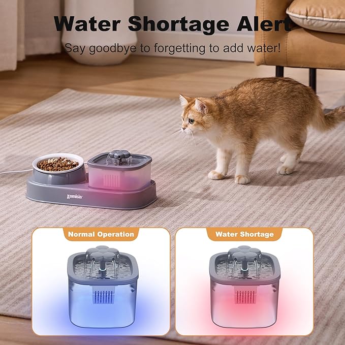 Cat Water Fountain and 2 Ceramic Food Bowls - 2 in 1 Ultra Quiet Automatic Pet Food and Water Bowl Set for Two Cats, Small Dogs, Gray (No Adapter)