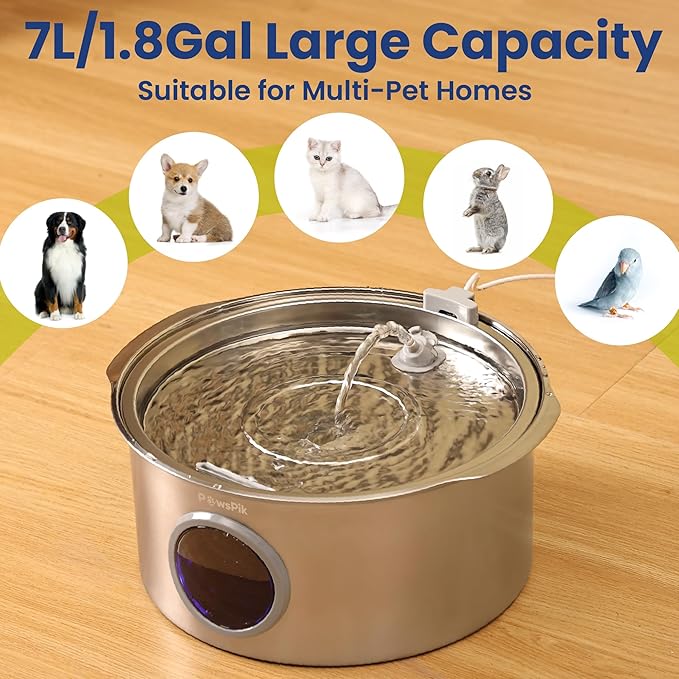 PawsPik Ultra-Quiet Stainless Steel Dog Water Fountain, 1.8-gal
