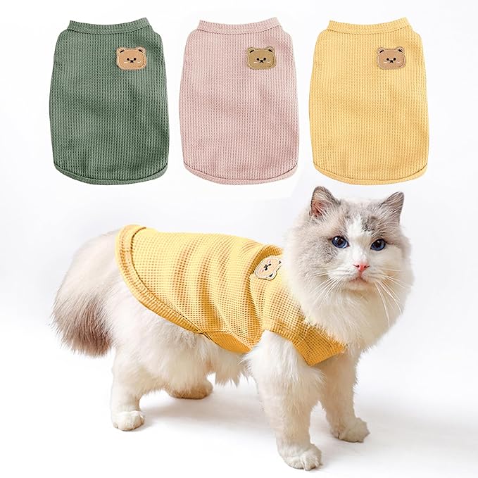 Waffle Knit Cat & Dog T Shirt for Small Dogs, Stretchable Puppy Shirt for Sphynx Cats & Small Breeds, Pet Clothes | Breathable Summer/Winter Apparel for Newborn(3PCS Medium)