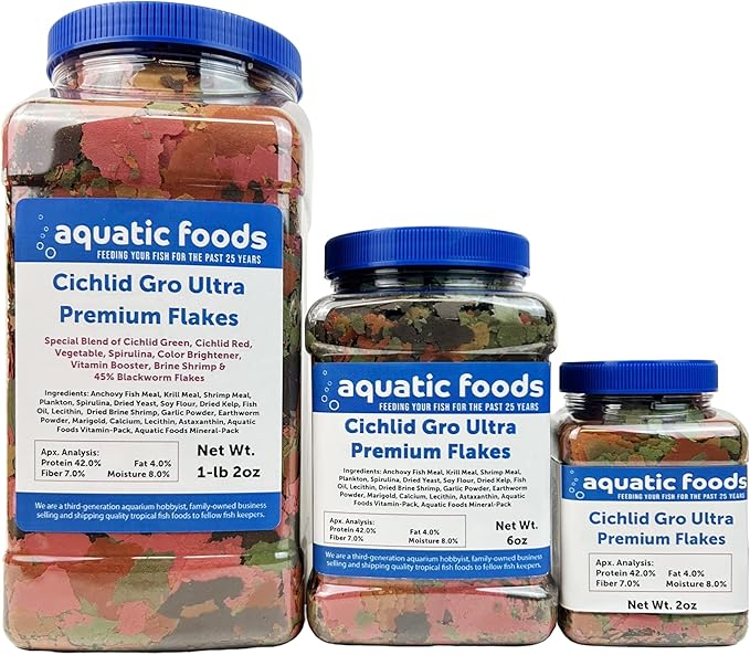 Aquatic Foods Inc. Premium Cichlid Gro Ultra 8-Type Flake Mix with Krill, Shrimp, Plankton, Spirulina for Central & South American Cichlids Also Pellet Mix, Wafer Mix Included…1-lb 2oz