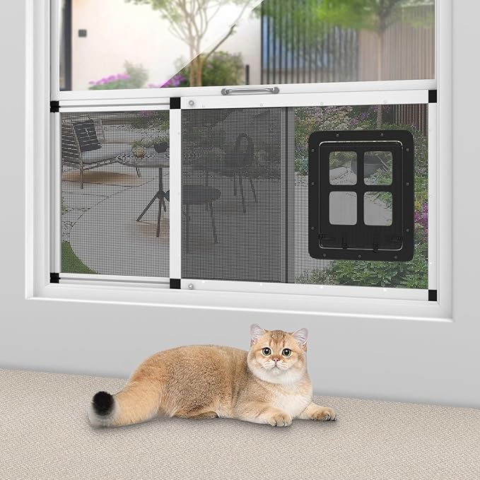 Ventilated Pet Door for Window, Fits 22"-28.5" Width Window, 2-Min Install | Aluminum Frame + Stainless Steel Mesh | Breathable Bug-Proof | Magnetic Closure Window Cat Door, Cat Door for Window Insert