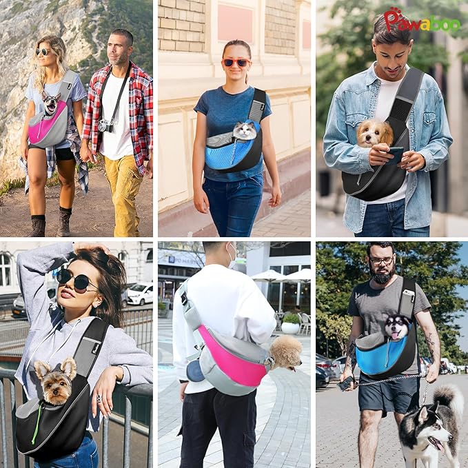 Pawaboo Pet Dog Sling Carrier, Hand Free Drawstring Dog Papoose with Adjustable Strap, Breathable Mesh Bag for Puppy Cat, Crossbody Satchel Dogs Purse with Pocket for Outdoor, Dark Gray+Black, Large