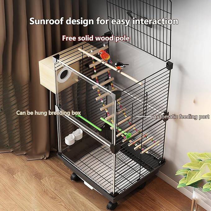 Bird Cage,Large Parrot Cage with Acrylic Doors, 3-Tier Movable Birdcage Parakeet Cage w/Wheels, 360° View Spacious Interactive Bird House (Black, with breeding Box)