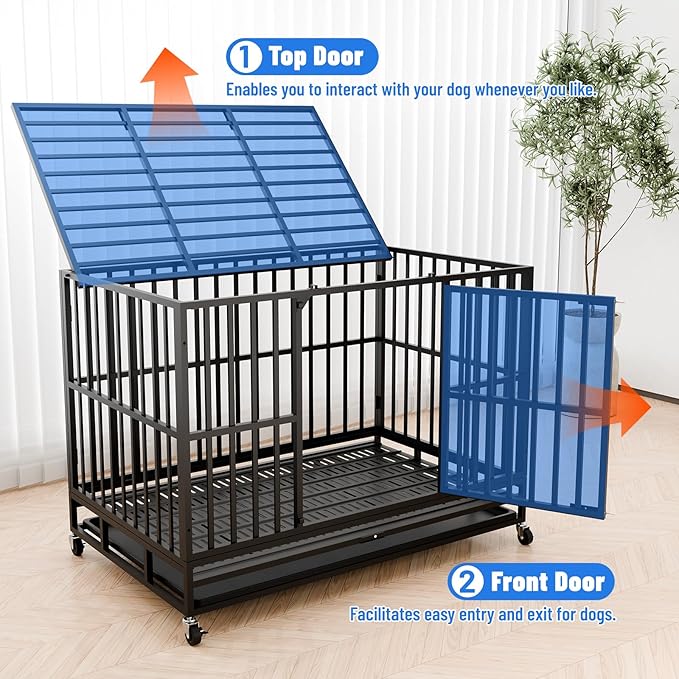 38 Inch Heavy Duty Indestructible Dog Crate, XL Steel Escape-Proof Kennel for Large Dogs, Double Door Design with 4 Locking Wheels & Reinforced Baseplate, Ideal for High-Anxiety Dogs
