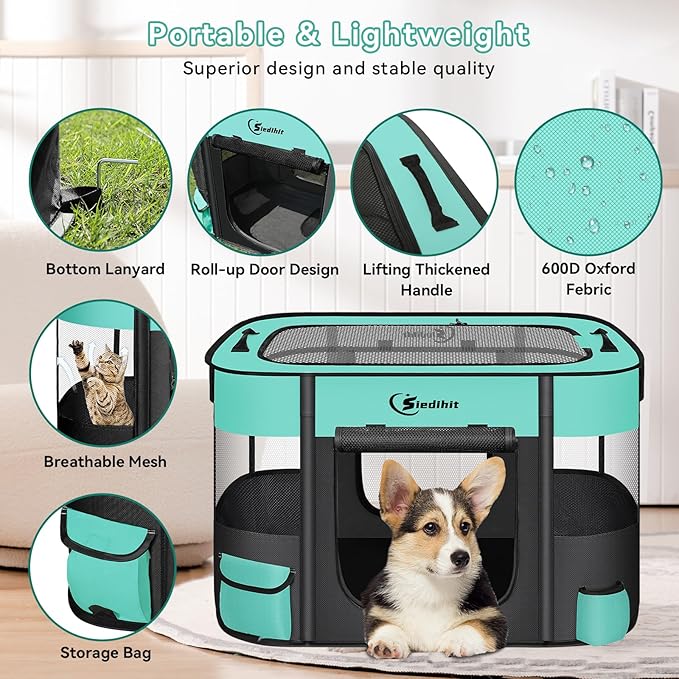 Dog Playpen,Cat Pet Puppy Pen,Portable Playpens for Dogs Indoor Outdoor Travel Camping Use,Foldable Dog Kennel Tent Crate for Rabbit Small Animals with Carrying Case (Green, Medium)