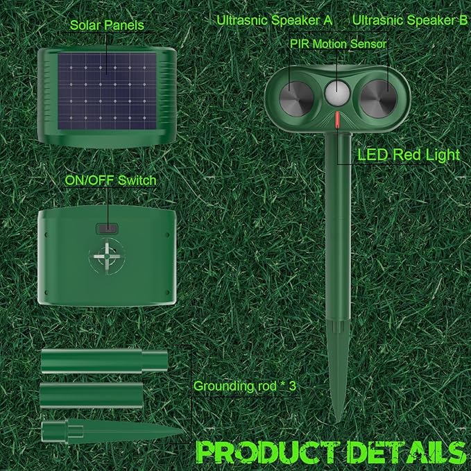 Cat Repellent Outdoor for Yard & Garden & Farm,Ultrasonic Animal Deterrent with Adjustable Sensitivity，Solar Pest Repellent, Racoon Squirrel Repellent Outdoor to Keep Unwanted Animals Away 2 Packs