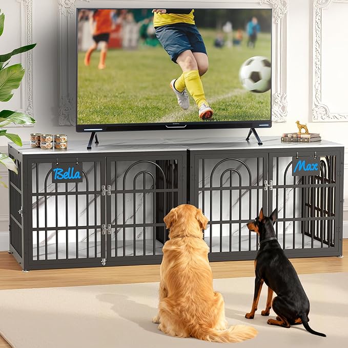 46.5" Dog Crate Furniture, Heavy Duty Dog Crates, Dog Kennel Furniture Indoor for Extra Large Dog as TV Stand, Wooden Cage End Table for Indoor, Name Tag Escape-Proof Locks & Double Door