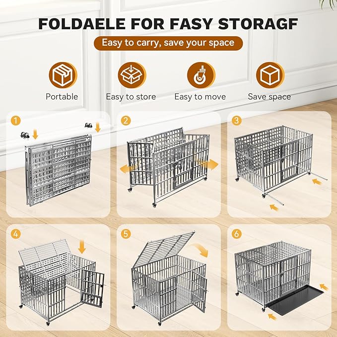 42" Heavy Duty Dog Crate, Escape Proof Stainless Steel Dog Kennel with Top Opening, 4 Lockable Wheels, Easy Clean Metal Dog Cage for Large/High Anxiety Dogs