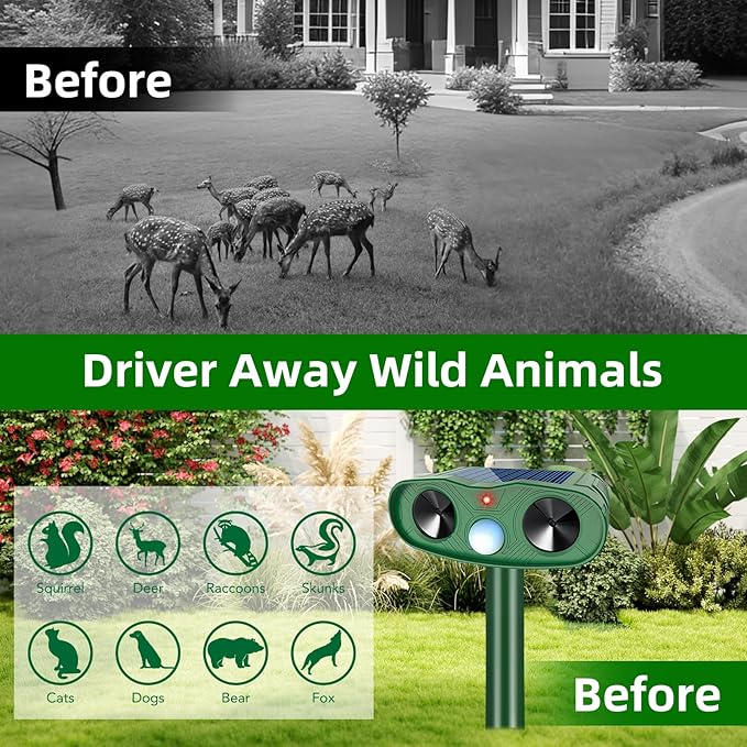 2026 Solar Ultrasonic Animal Repellent Outdoor Deer Repellent Devices, 4Pack Cat Repellent Outdoor with Motion Sensor, Squirrel Repeller to Scare Squirrel Rabbit Deterrent for Yard Farm