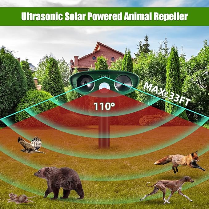 2 Pcs Solar Ultrasonic Animal Repeller Outdoor Squirrel Cat Deer Repellent Devices Waterproof with Motion Sensor,Effective Against Dog,Raccoon,Skunk,Rabbit,Coyote Deterrent for Yard Garden Protection
