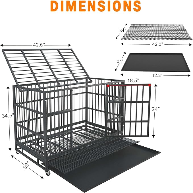 42 Inch Heavy Duty Dog Crate Cage with Wheels, Indestructible and Escape Proof Steel Kennel Indoor for High Anxiety Dogs with Sturdy Locks, Double Door and Tray, Extra Large XL XXL