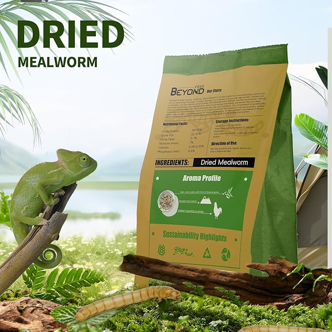 BeyondFeed™Small Bottle Dried Mealworms & Black Soldier Fly Larvae High-Protein Feed for Chickens, Ducks, Birds, Reptiles, Fish, Hamster, Turtles (6 (1.23 oz/35 g) Bottles Bundle, Dried Mealworm)