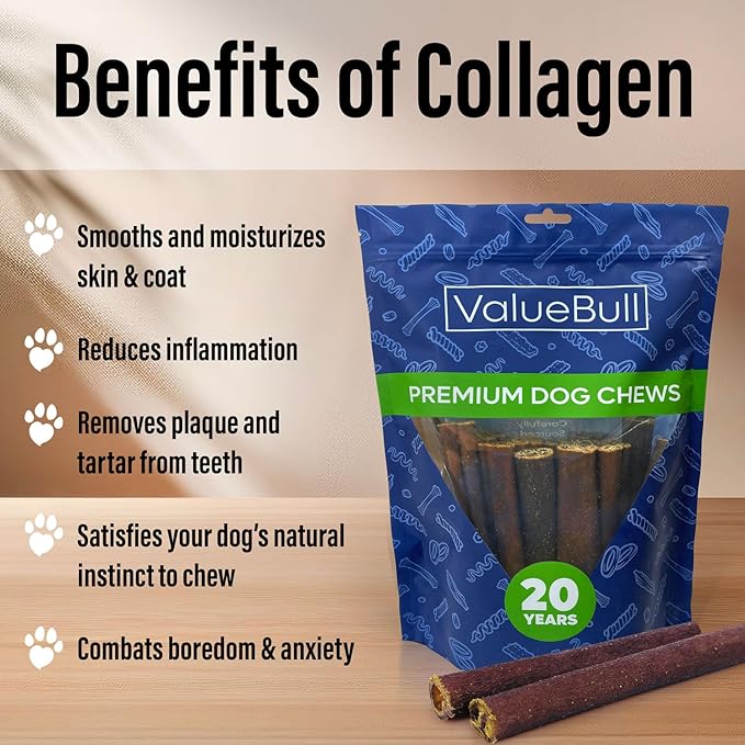 ValueBull Collagen Sticks for Small Dogs, 6 Inch Thin Chews, Natural Dog Treats, 100 Count Bulk Pack - Supports Joints, Skin & Coat with Chondroitin & Glucosamine