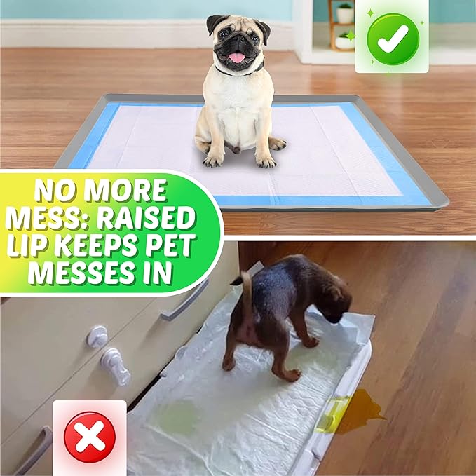 TidyFriend Dog Pee Pad Holder Tray Fits for 28” x 34” Wee Wee Pee Pads - Stable Grip, Raised Edges, Quick-Wipe Silicone Surface Dog Potty Tray Holder for Indoor Flooring Protection (Light Grey)