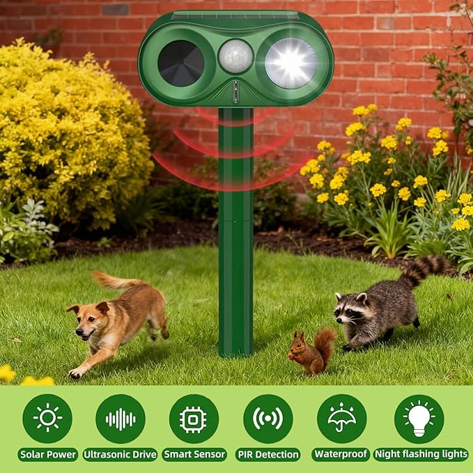Upgraded Ultrasonic Animal Repeller,Solar Powered Cat Repellent Outdoor,Deer Deterrent with LED Flashing Motion,Sensor and Sound,Waterproof Bird Repeller for Rabbit,Fox,Squirrel,Olive