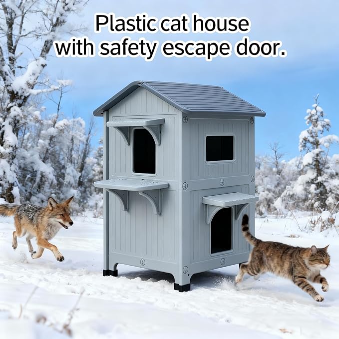 Weatherproof Outdoor Insulated Cat House for Feral Multi Cat, 2 Storey Plastic Elevated Cat Shelter with Escape Door, Easy Assemble, Expansive Interior‌ Grey 34" D x 21" W x 21.5" H