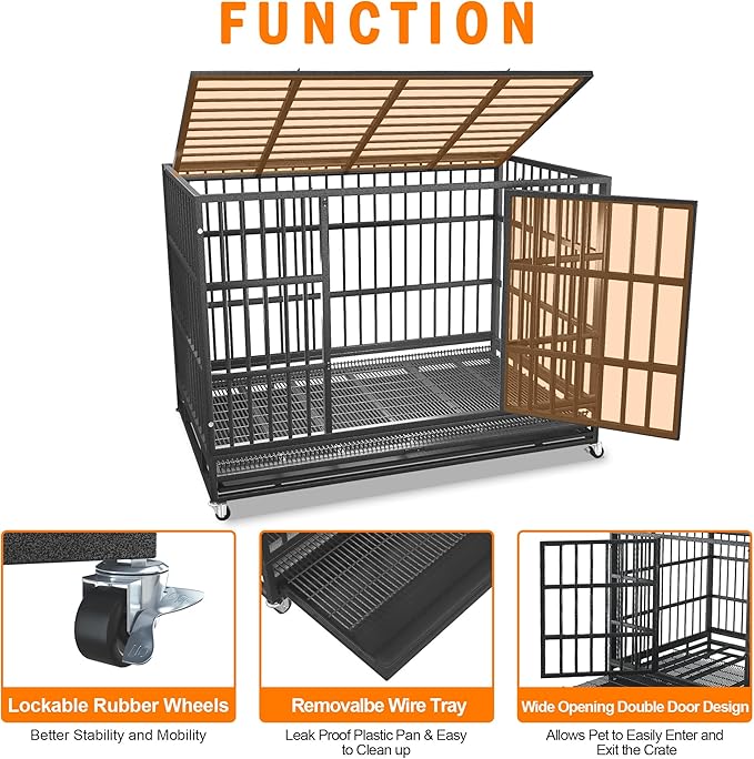38 inch Heavy Duty Indestructible and Escape-Proof Dog Crate Cage Kennel for Large Dogs, High Anxiety Dog Crate with Removable Wire Trays and Wheels, Extra Large XL XXL, Black