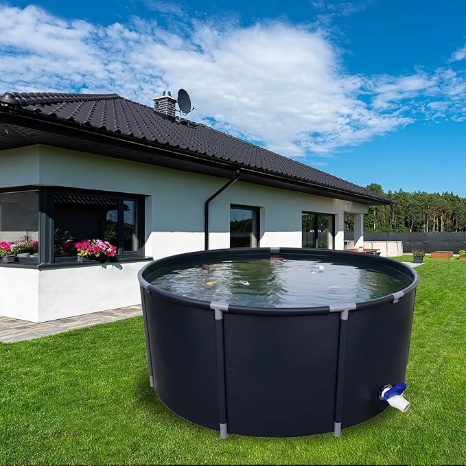 Canvas Fish Pond, 1300 Gallon Capacity Koi Pond, Foldable PVC Outdoor Fish Tank, Round Goldfish Bowl, Above Ground Pond with Stabilizing Frame and Drain Valve for Koi Farming, Aquaculture