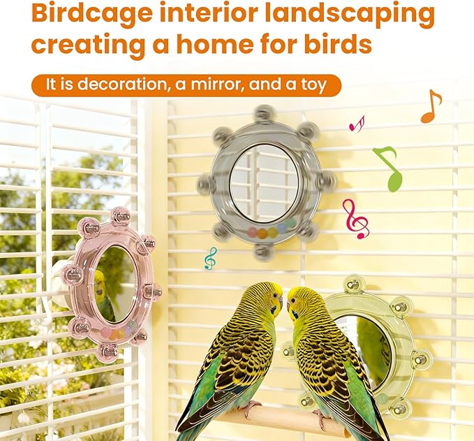 Bird Mirror Toys for Cage,Parakeet Rotating Sound Wheel Toy,Budgie Training Colorful Interactive Chew Toys for Canaries Lovebirds Conures Cockatiels cage Accessories (2, Pink)