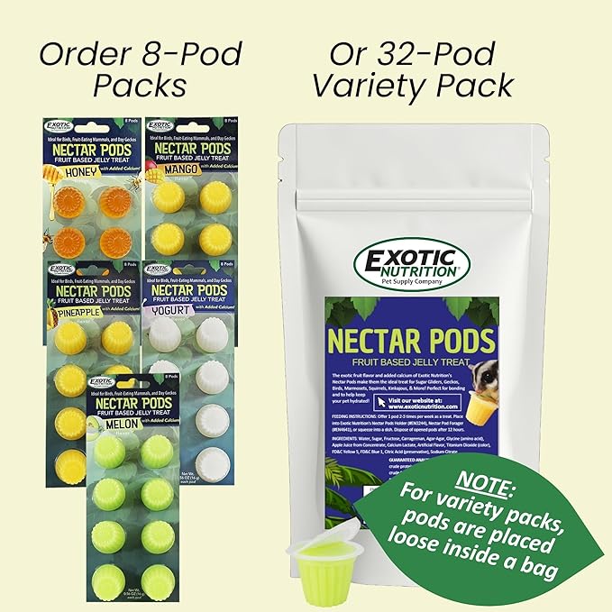 Nectar Pods (Mango) - Calcium-Fortified Jelly Fruit Treat - Sugar Gliders, Marmosets, Squirrels, Parrots, Cockatiels, Parakeets, Lovebirds, Conures, Hamsters, Day Geckos, Kinkajous & Other Small Pets