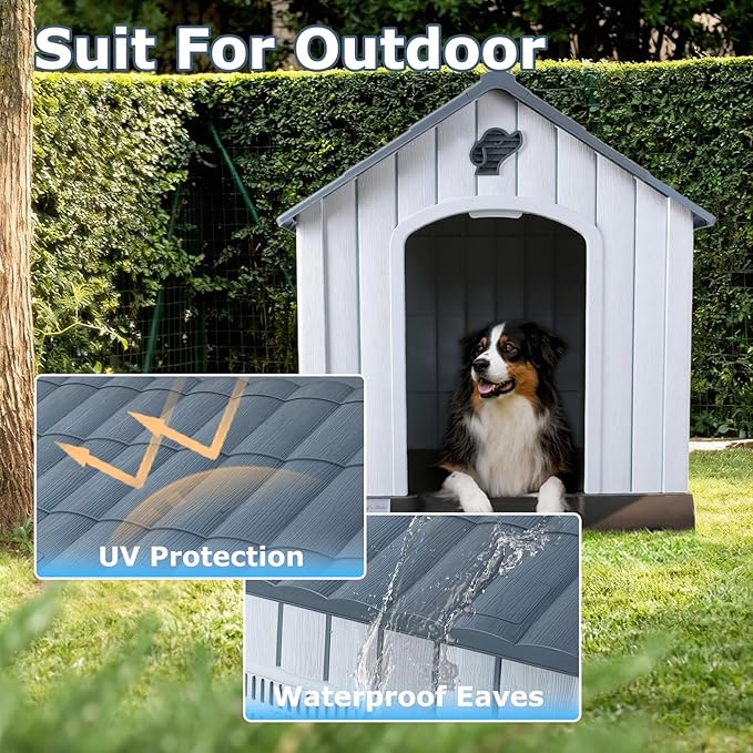 LEMBERI Large Plastic Dog House for Medium Large Dogs, Durable Waterproof Indoor Outdoor Doghouse with Air Vents and Elevated Floor, Easy to Assemble (Gray, 40" L x 37.2" W x 40" H)