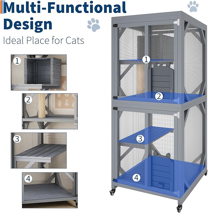 Outdoor Catio Enclosure on Wheel, 68" Large Catio Outdoor Cat Enclosure with Weatherproof Asphalt Roof & Sliding Doors, Wooden Cat Condo Cage Shelter Playpen with Napping House & 4 Jumping Platforms