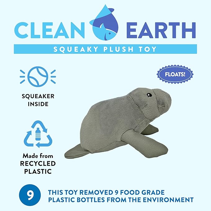 Spunky pup Clean Earth Plush Dog Toy with Squeaker - Recycled, Eco-Friendly, Floats for Beach, Lake, Pool - Manatee, Large