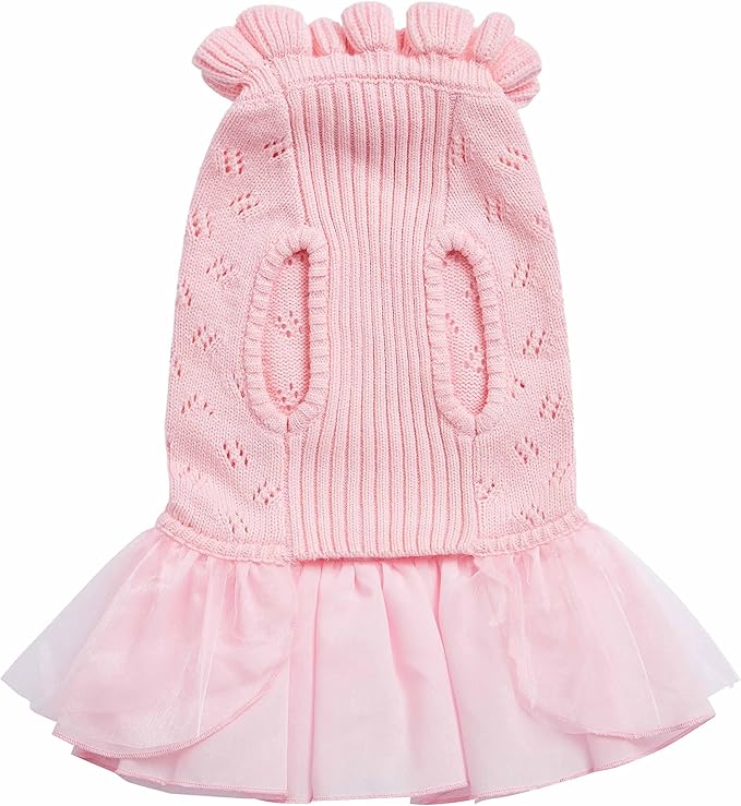 Blueberry Pet My Cutie Princess Ruffle Collar Dog Sweater Dress with Layered Tulle, Pink, Back Length 10", Fall Winter Clothes for Girl Dogs