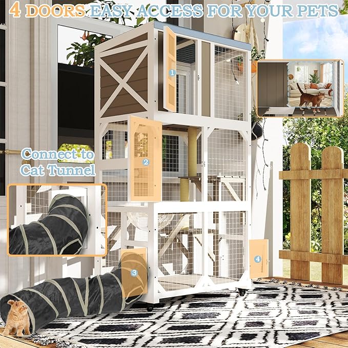 64" Large Wooden Catio Outdoor Cat Enclosure, Window Cat House with Wheels & 3 Platforms, Kitty Cage with Weatherproof Roof for Multiple Cats (Gray)