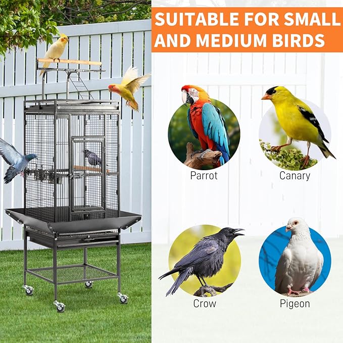 VINGLI Bird Cage with Wheels, 62 inch Bird Cages with Play Top, Wrought Iron Cage with Rolling Stand for Parrots, Cockatiels, Budgies, Lovebirds, Small/Medium Birds