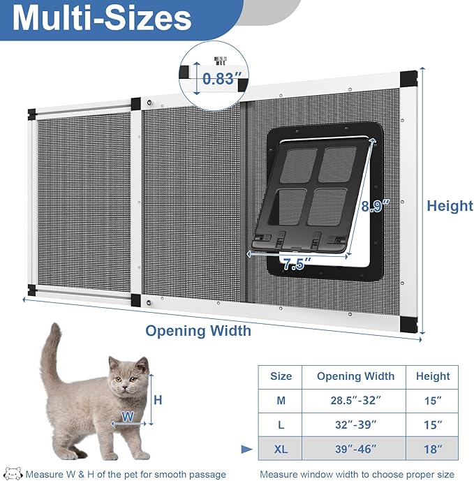 Ventilated Pet Door for Window, Fits 38"-44" Width Window, 2-Min Install | Aluminum Frame + Stainless Steel Mesh | Breathable Bug-Proof | Magnetic Closure Window Cat Door, Cat Door for Window Insert