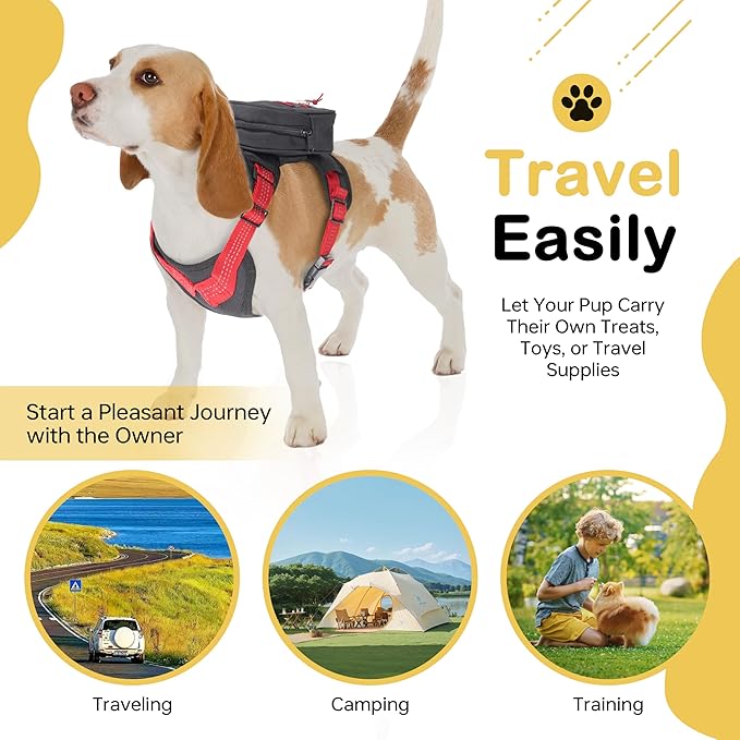 Dog Backpack Harness with Reflective Leash, Built in Poop Bag Dispenser, Adjustable Backpack for Small Dogs, Detachable Dog Back Pack for Outdoor Adventures, Puppy Training, Walking(Black,Medium)