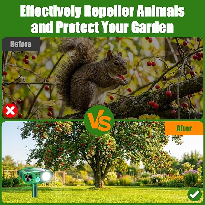 2026 Upgraded Ultrasonic Solar Animal Repellent Outdoor, Deer Repellent Devices Squirrel Cat Raccoon Rabbit Dog Deterrent with Motion Sensor Flash Light for Yard Garden Lawn (4)