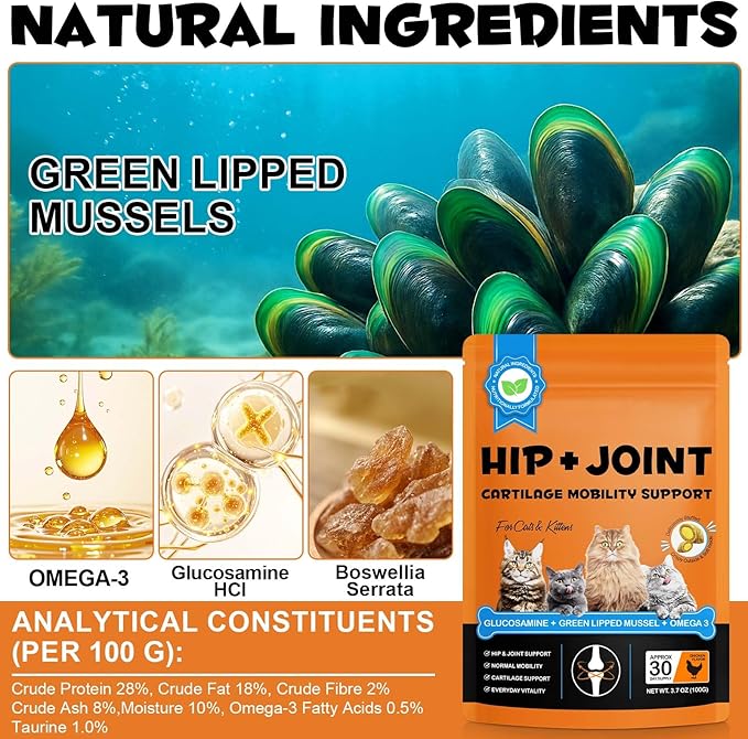 Hip & Joint Bites for Cats - Chicken Flavored Glucosamine Joint Supplement for Cats - Cat Joint Supplement for HIPS & Joints, Cat Arthritis Pain Relief, with Green Lipped Mussel, 7.4 oz