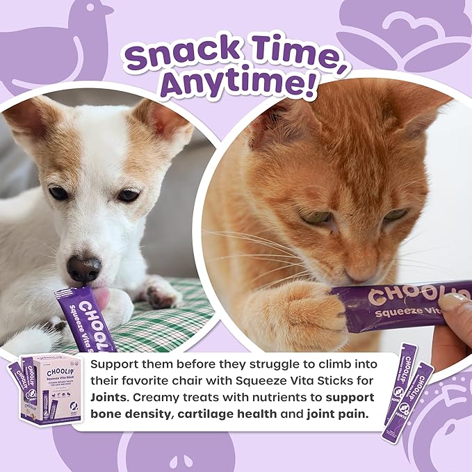 Choolip Squeeze Vita Stick Lickable Cat and Dog Treats, 49-Count Joint Support Variety Pack, Chicken and Salmon with MSM, Green-Lipped Mussel and Vitamin E